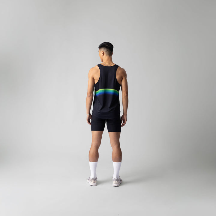 Participation Dark rainbow Singlet showcasing a vibrant design perfect for running