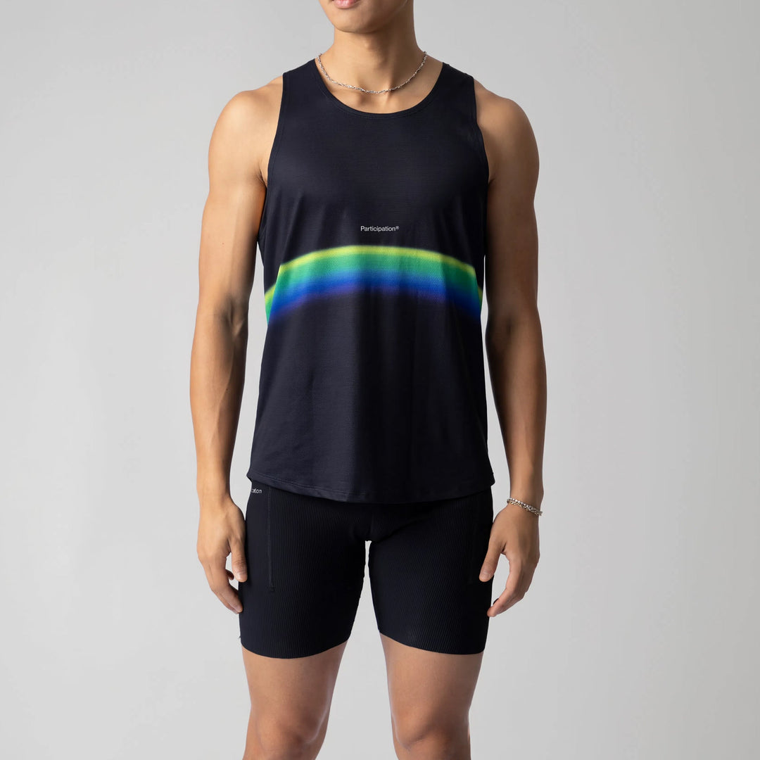 Participation Dark rainbow Singlet showcasing a vibrant design perfect for running