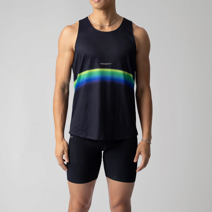 Participation Dark rainbow Singlet showcasing a vibrant design perfect for running