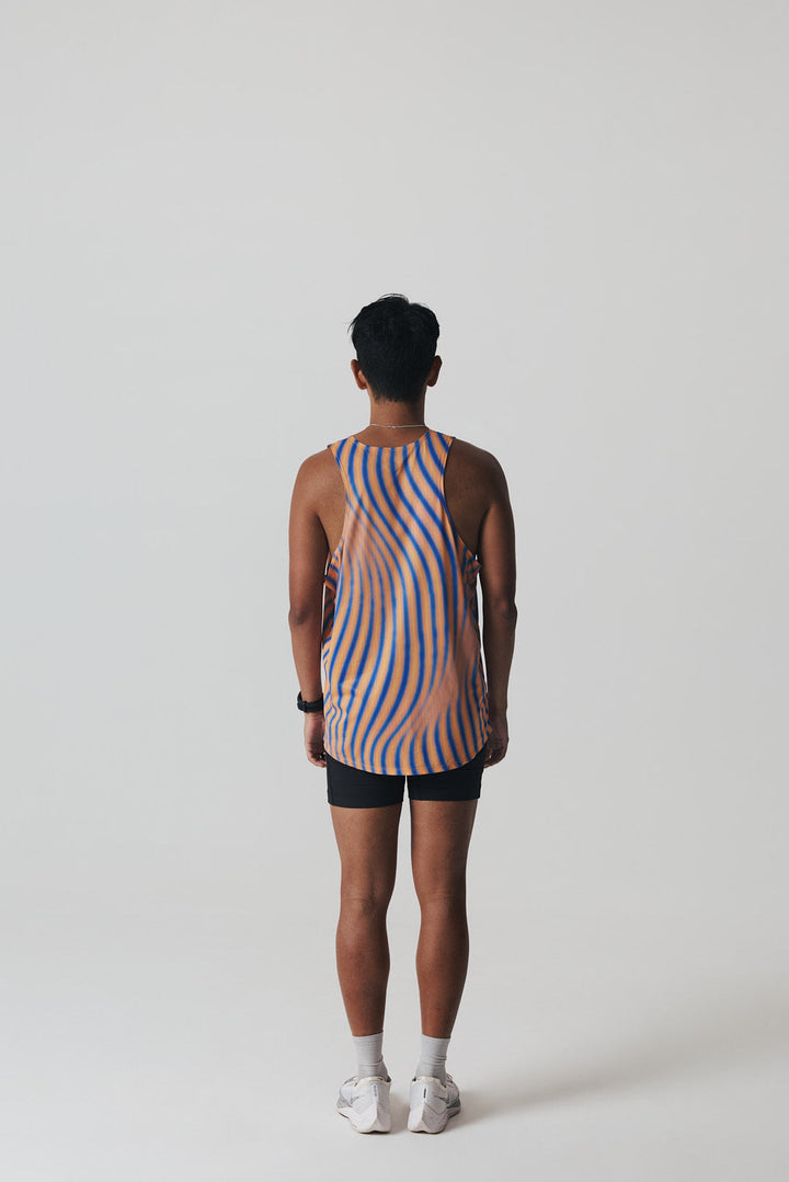 Participation New York singlet, breathable mesh, blue–orange wavy stripes, white circle logo and “NEW YORK” text on front.