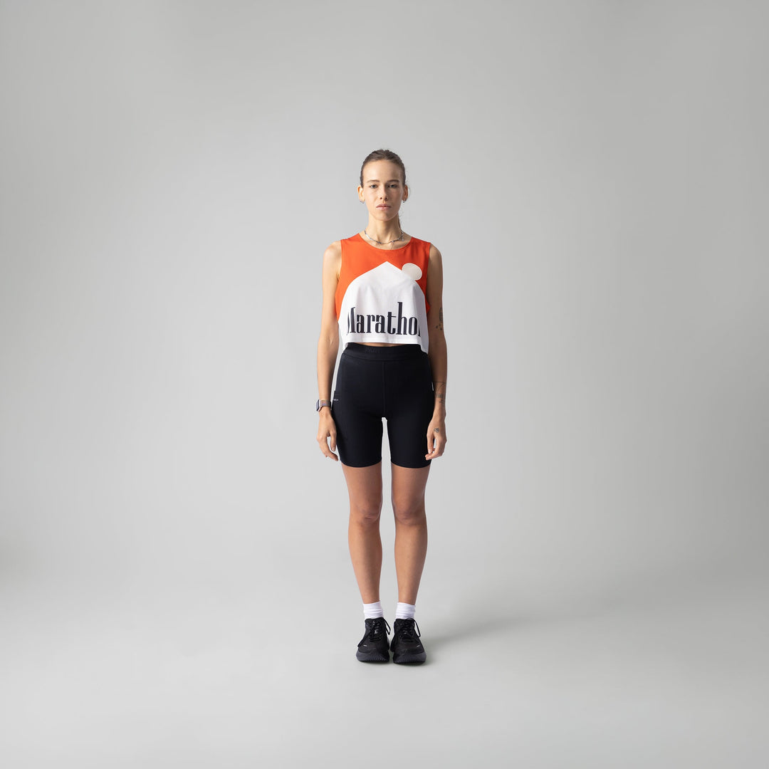 Participation Marathon Red Crop Singlet, lightweight and breathable, designed for long-distance runners.