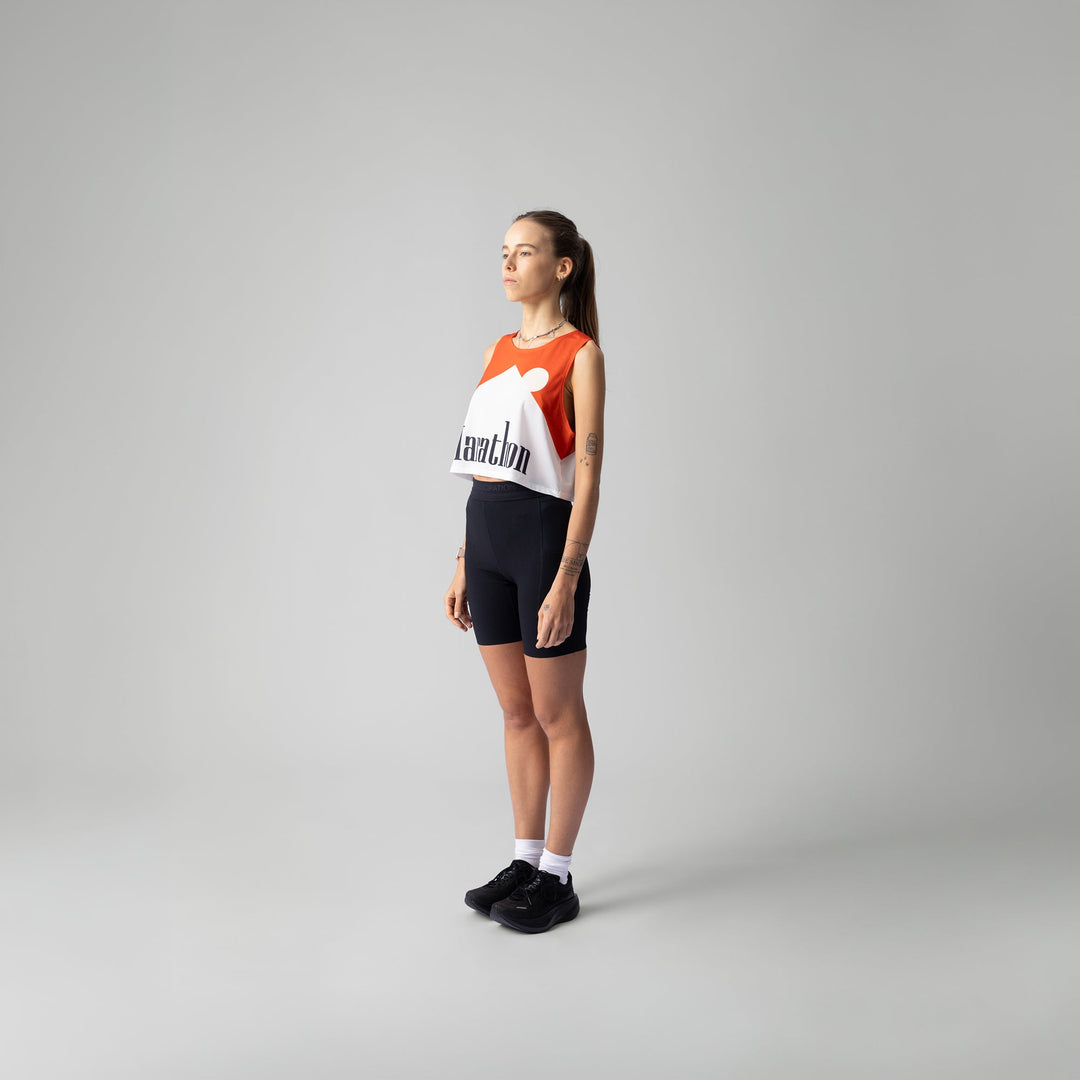 Participation Marathon Red Crop Singlet, lightweight and breathable, designed for long-distance runners.