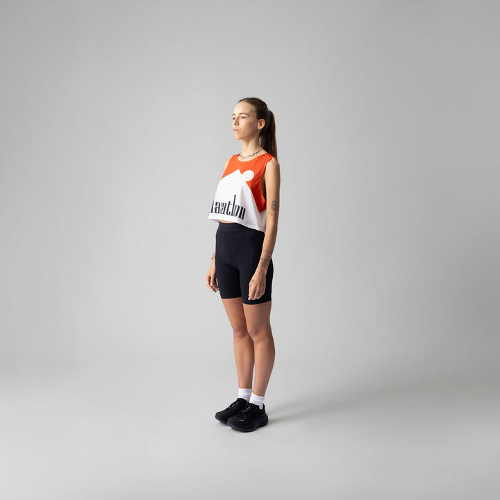 Participation Marathon Red Crop Singlet, lightweight and breathable, designed for long-distance runners.