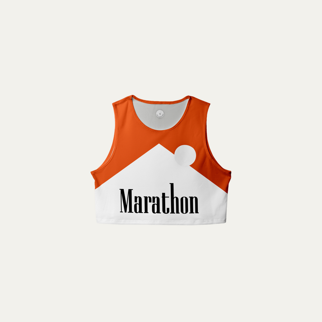 Participation Marathon Red Crop Singlet, lightweight and breathable, designed for long-distance runners.