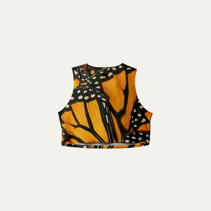 Front view of the Participation Monarch Crop Singlet showcasing its lightweight fabric and design.