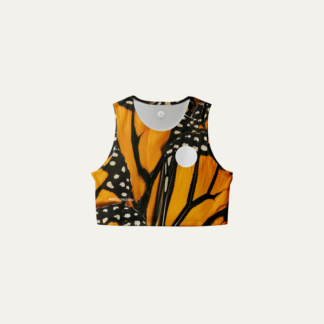 Front view of the Participation Monarch Crop Singlet showcasing its lightweight fabric and design.