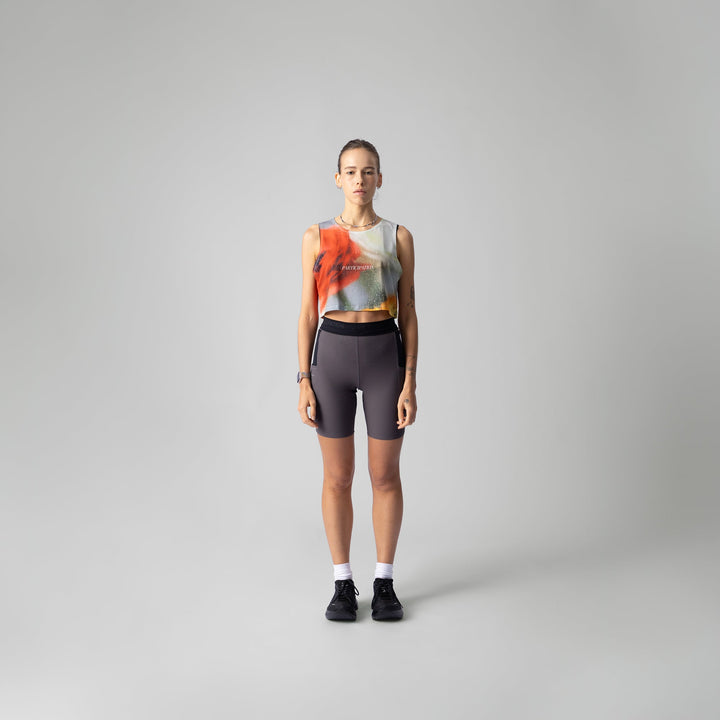 Frosted Glass Crop Singlet featuring floral designs, suitable for workouts.