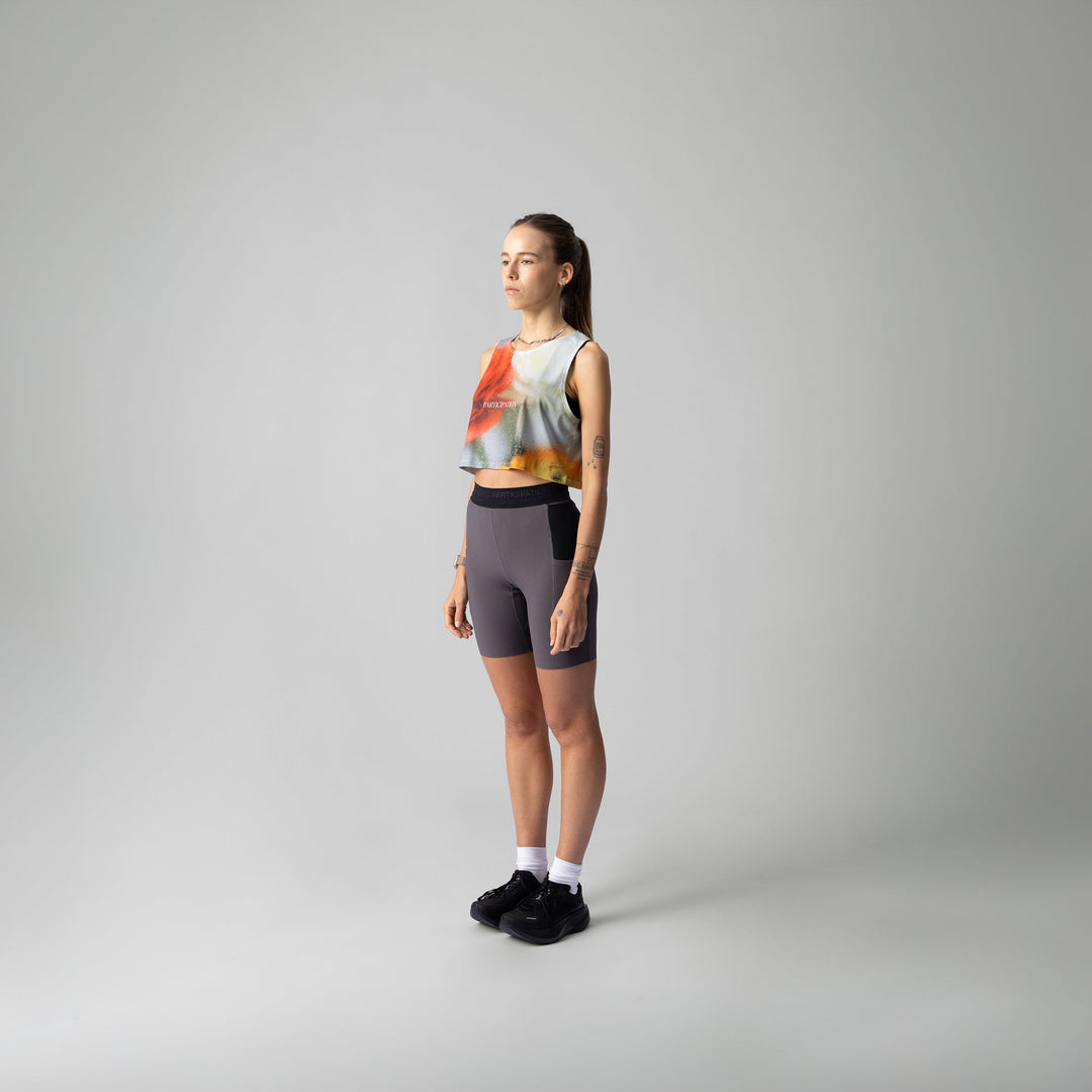Frosted Glass Crop Singlet featuring floral designs, suitable for workouts.