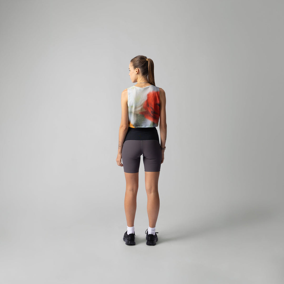 Frosted Glass Crop Singlet featuring floral designs, suitable for workouts.