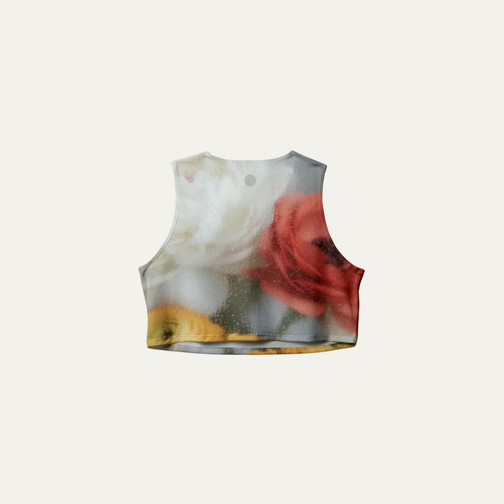 Frosted Glass Crop Singlet featuring floral designs, suitable for workouts.