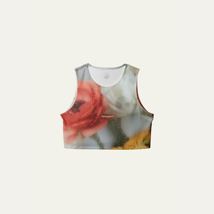 Frosted Glass Crop Singlet featuring floral designs, suitable for workouts.