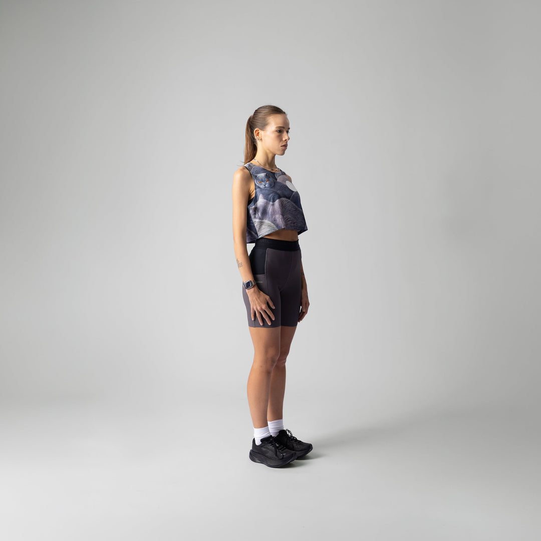 British Shorthair Crop Singlet by Participation showcasing a unique cat-inspired design.
