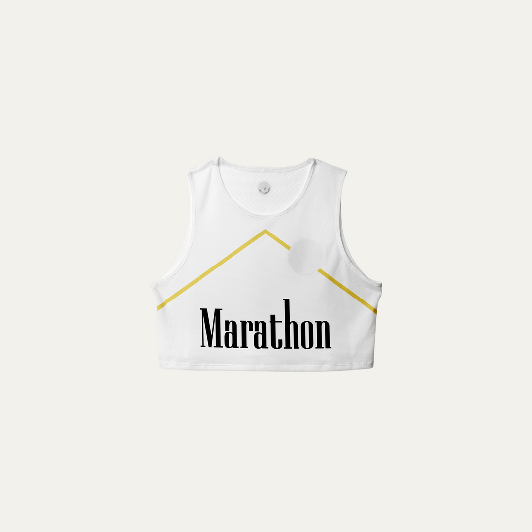 Front view of the Participation Marathon Light Crop Singlet showing its lightweight and breathable design in vibrant red color.