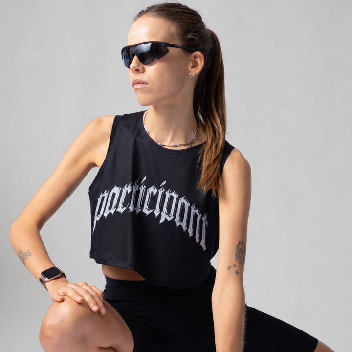 Participation Chrome Participant Crop Singlet, a lightweight black workout top designed for comfort and breathability.
