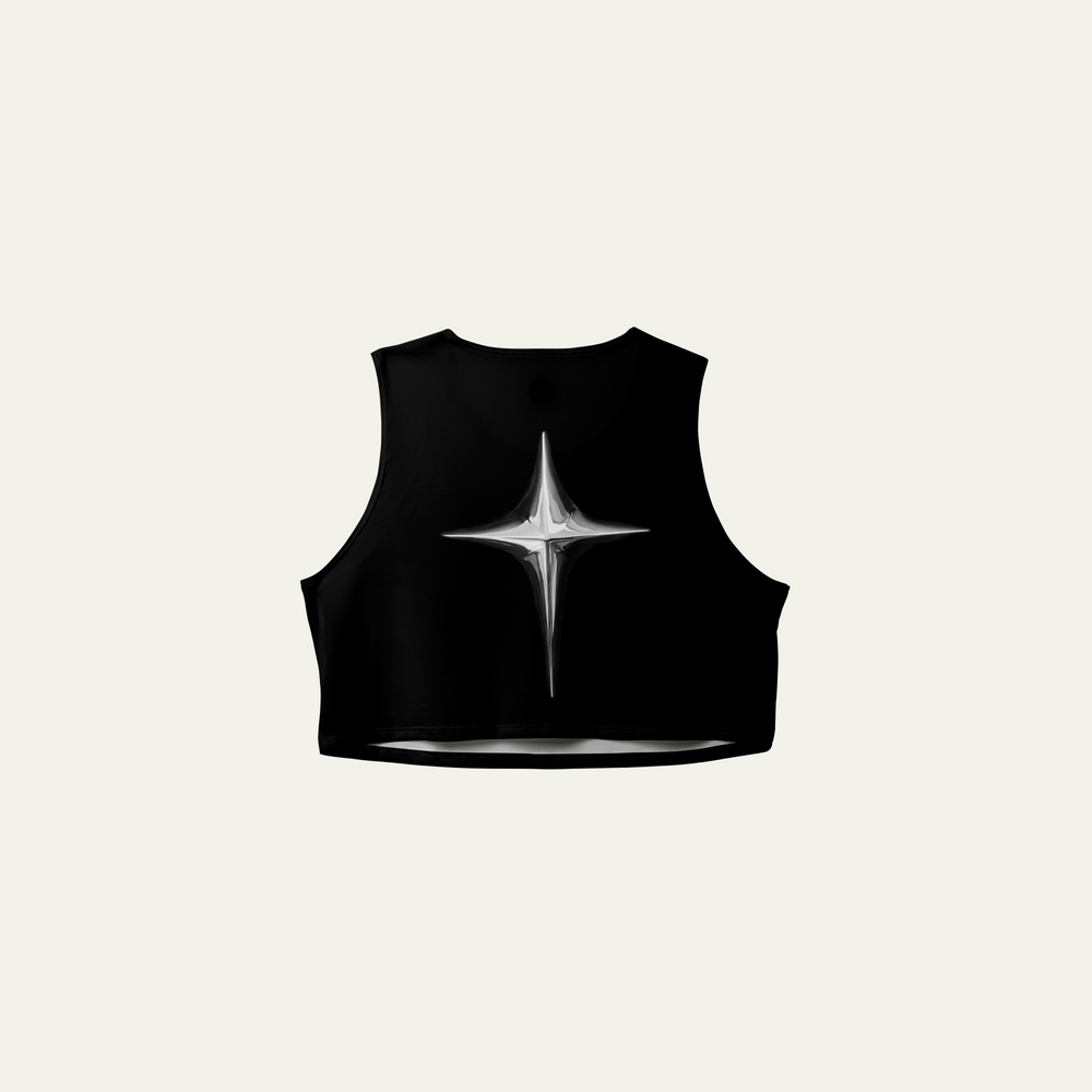 Participation Chrome Participant Crop Singlet, a lightweight black workout top designed for comfort and breathability.