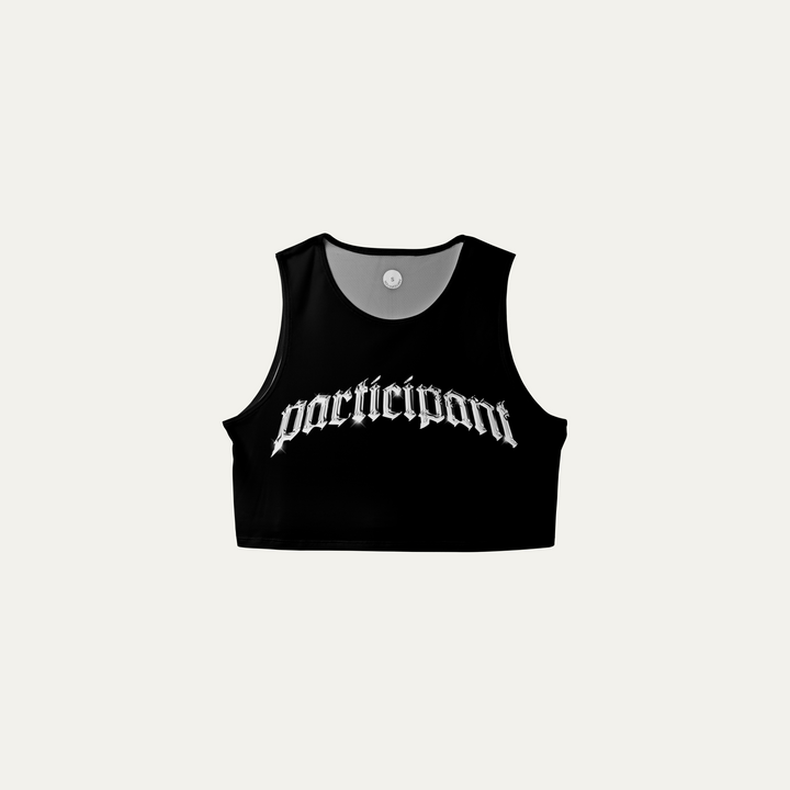 Participation Chrome Participant Crop Singlet, a lightweight black workout top designed for comfort and breathability.