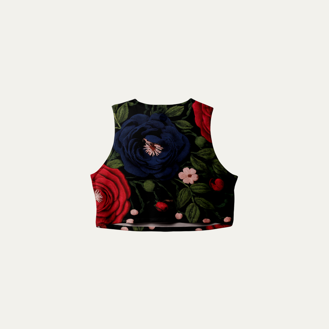 Front view of the Participation Embroidery Floral Crop Singlet, featuring a floral design and breathable fabric.