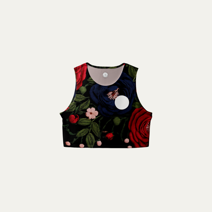 Front view of the Participation Embroidery Floral Crop Singlet, featuring a floral design and breathable fabric.