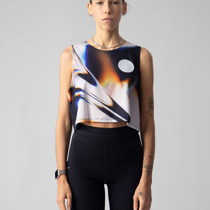 Front view of the Participation White Glass Crop Singlet showcasing its unique design.