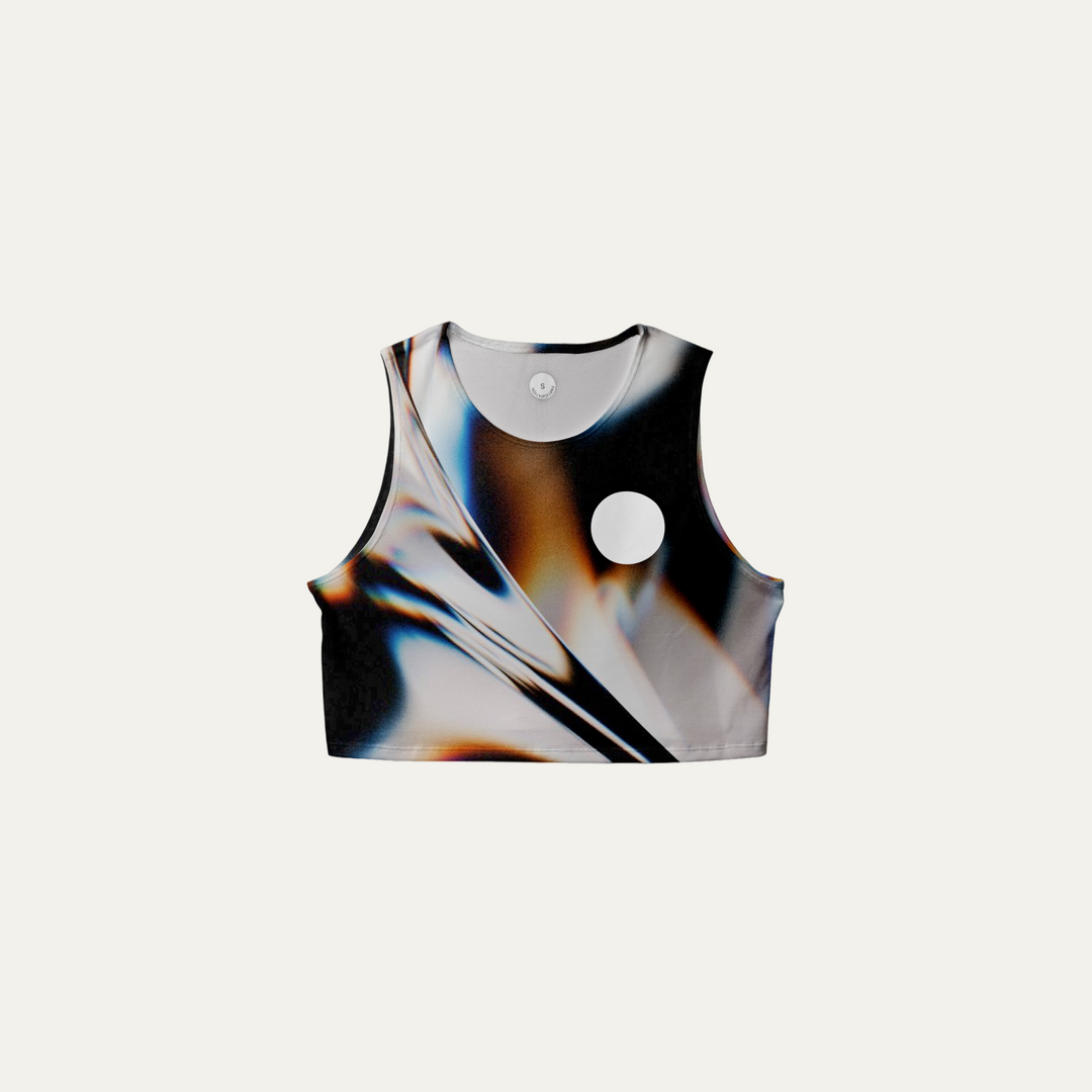 Front view of the Participation White Glass Crop Singlet showcasing its unique design.