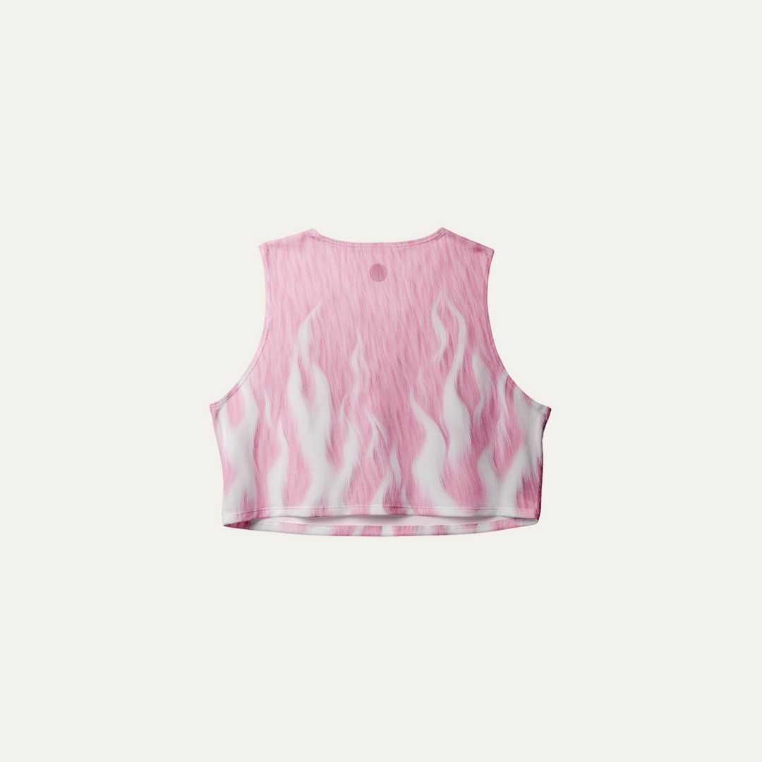 Participation Pink Fuzz Crop Singlet in pink and white with flame design, suitable for activewear.