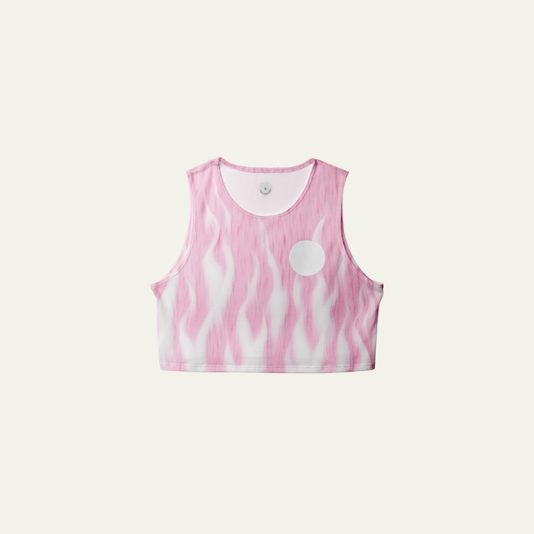 Participation Pink Fuzz Crop Singlet in pink and white with flame design, suitable for activewear.