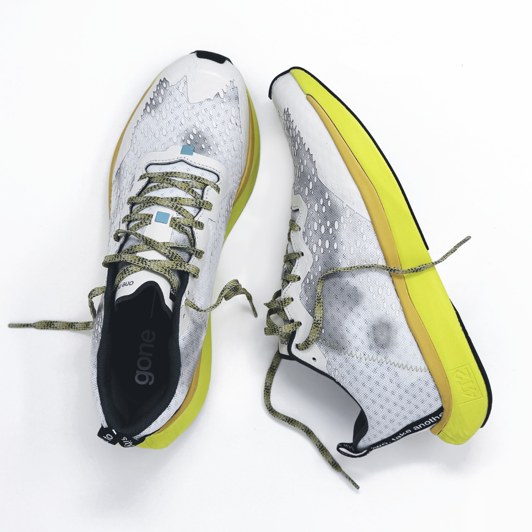 4T2 one more, acid dreams running shoes in white and yellow color featuring a lightweight design and grippy outsole