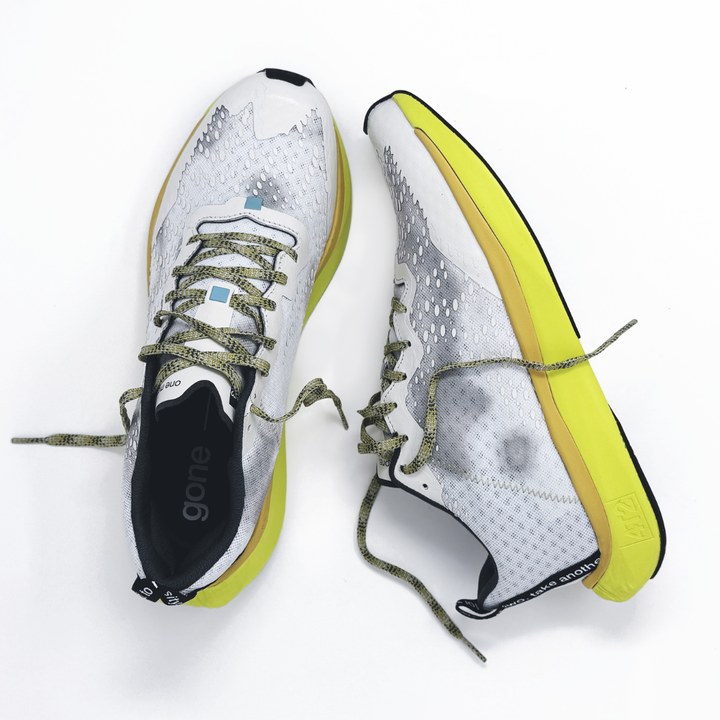 4T2 one more, acid dreams running shoes in white and yellow color featuring a lightweight design and grippy outsole