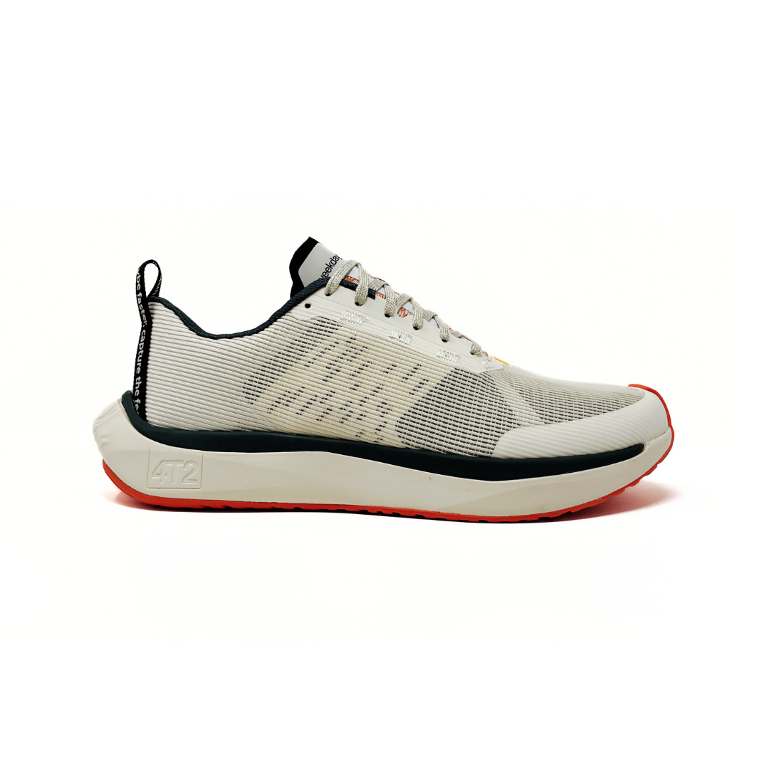Close-up view of 4T2 weekdays vintage white running shoes showcasing comfort features and durable outsole.