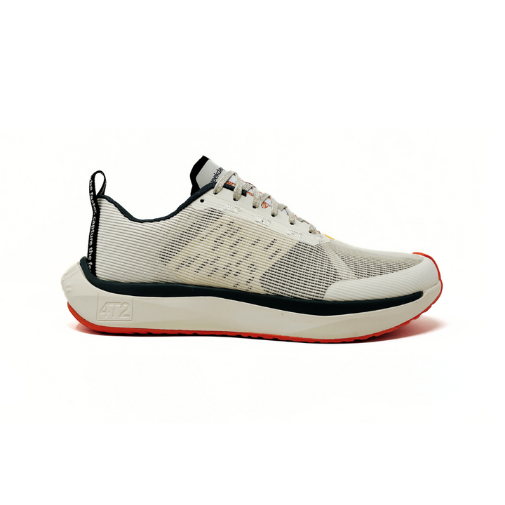 Close-up view of 4T2 weekdays vintage white running shoes showcasing comfort features and durable outsole.