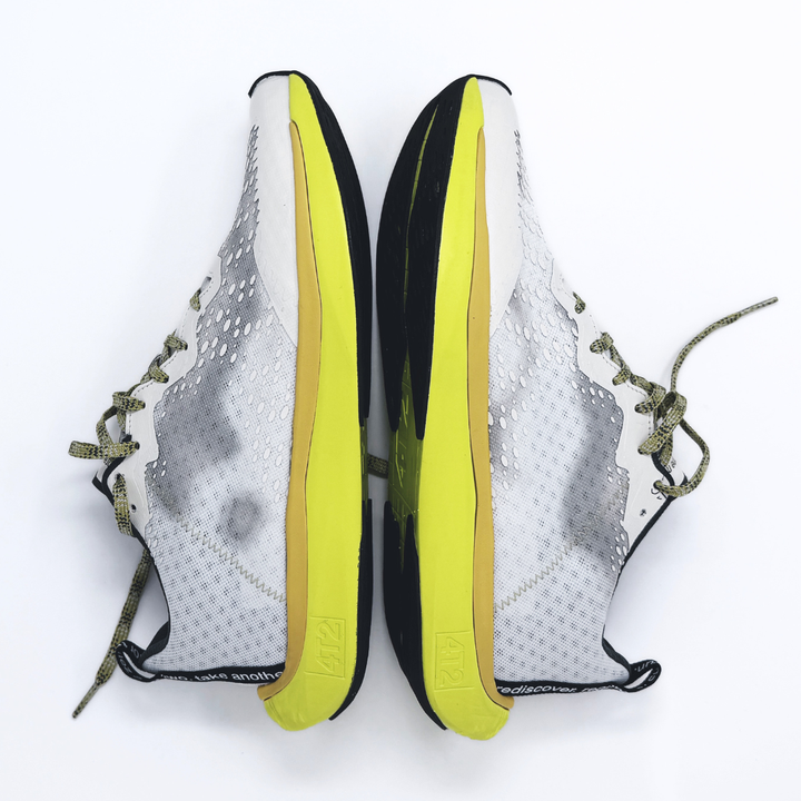 4T2 one more, acid dreams running shoes in white and yellow color featuring a lightweight design and grippy outsole