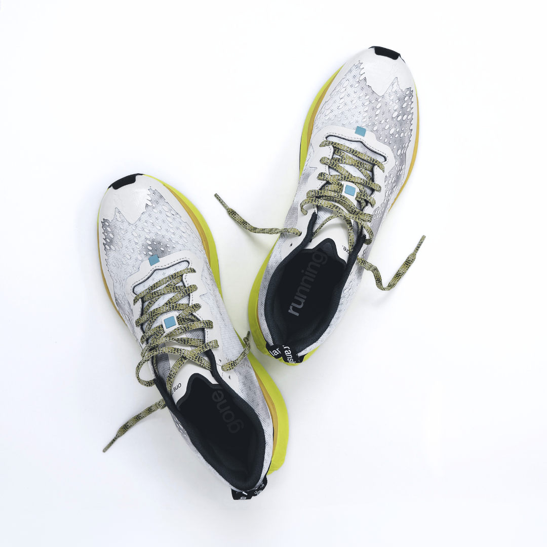 4T2 one more, acid dreams running shoes in white and yellow color featuring a lightweight design and grippy outsole
