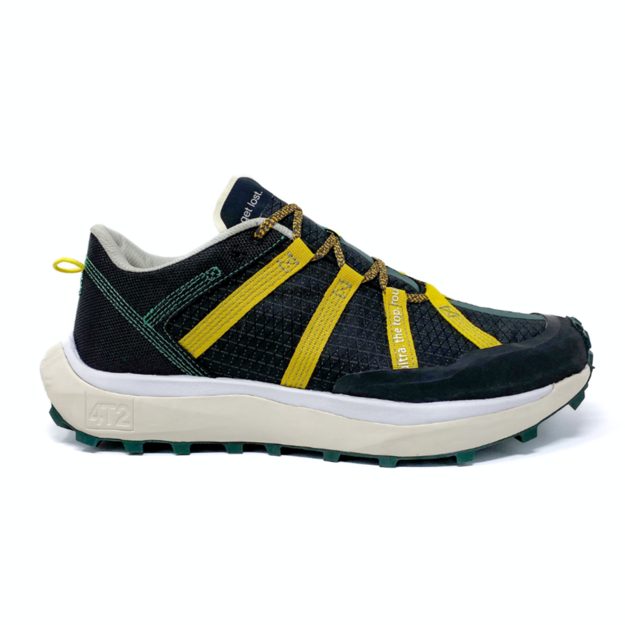 4T2 get lost running shoe in black and yellow, designed for trail running with Vibram outsole.