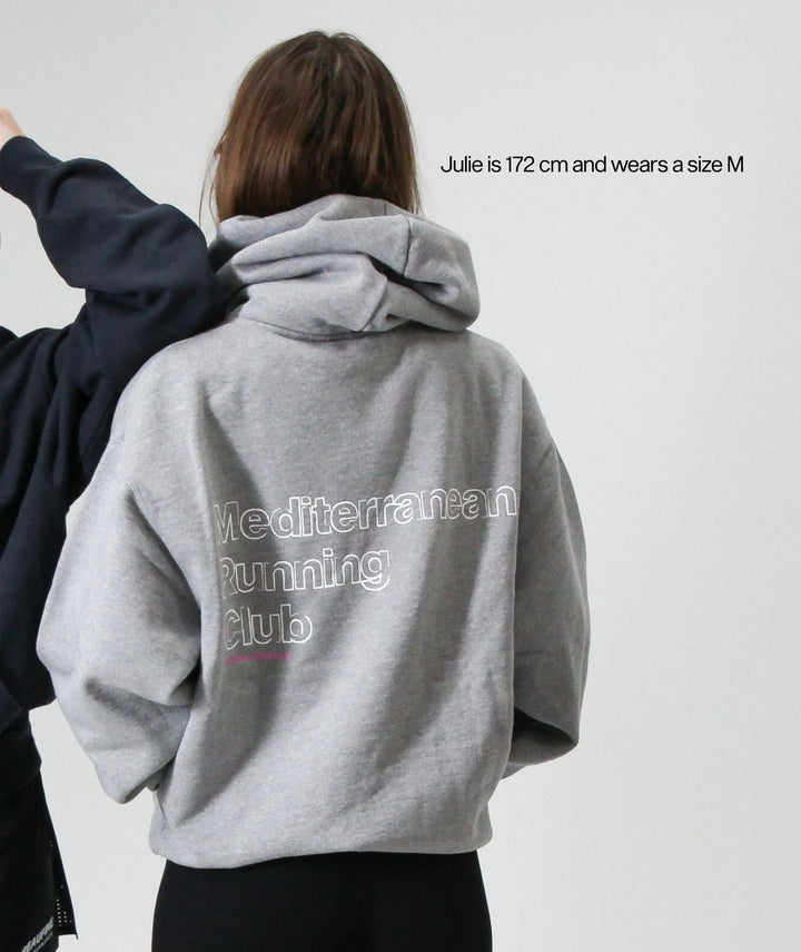 Peaufine Athletics Heavyweight Hoodie Mediterranean Running Club Heather Grey — close-up