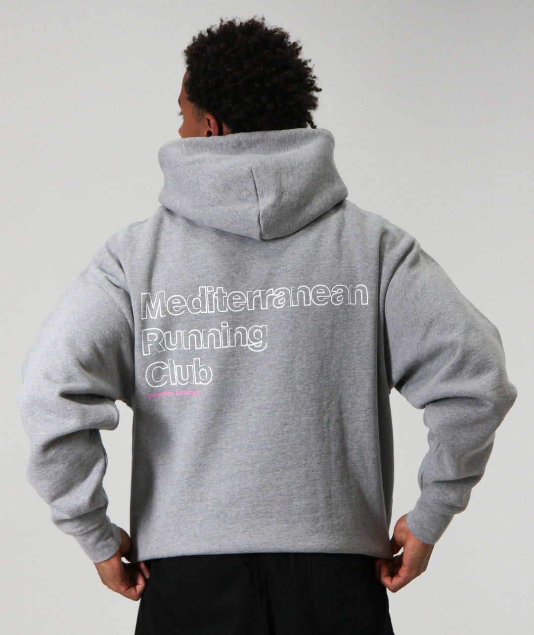 Peaufine Athletics Heavyweight Hoodie Mediterranean Running Club Heather Grey — worn front