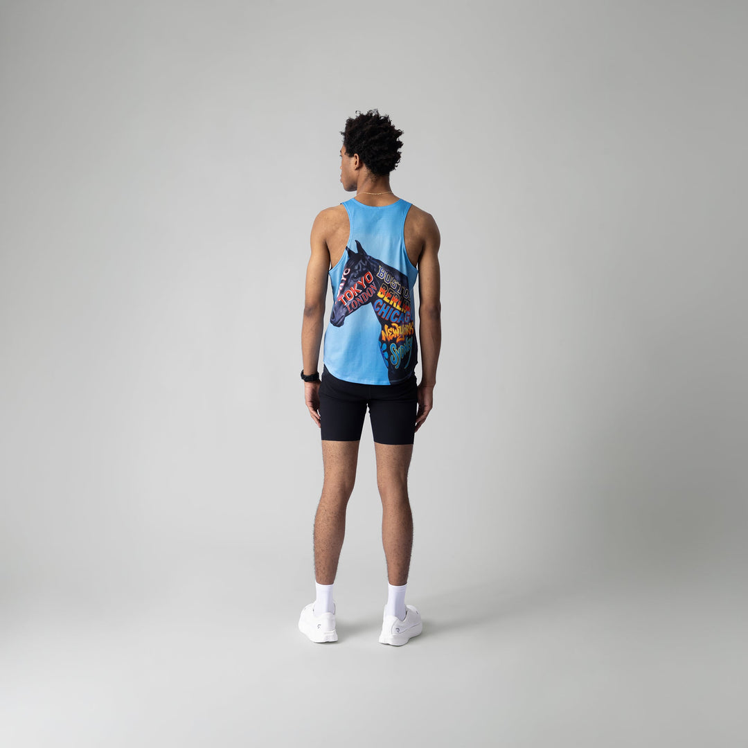 Participation All Majors Singlet featuring a horse design with representations of major marathons.