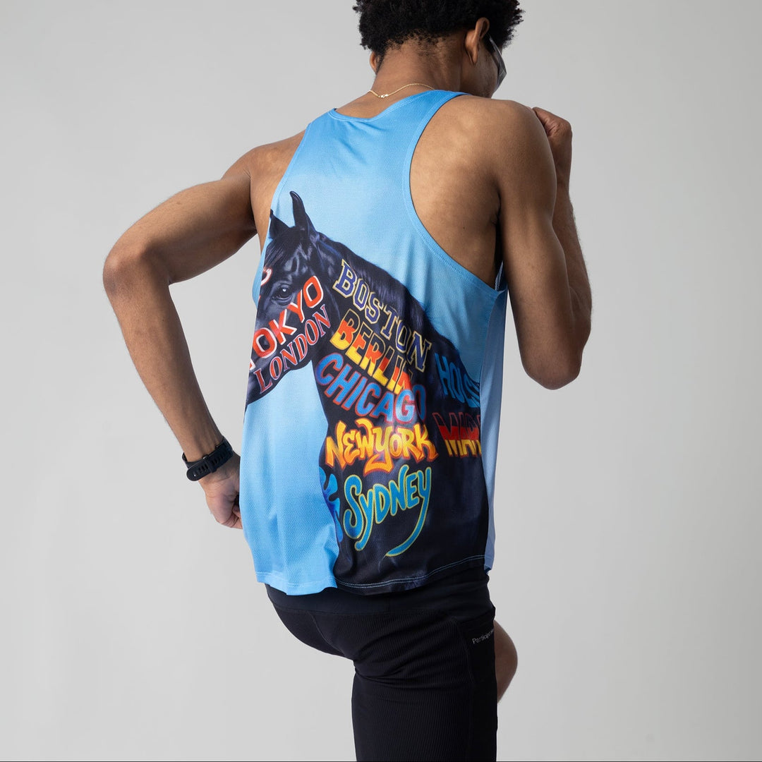 Participation All Majors Singlet featuring a horse design with representations of major marathons.