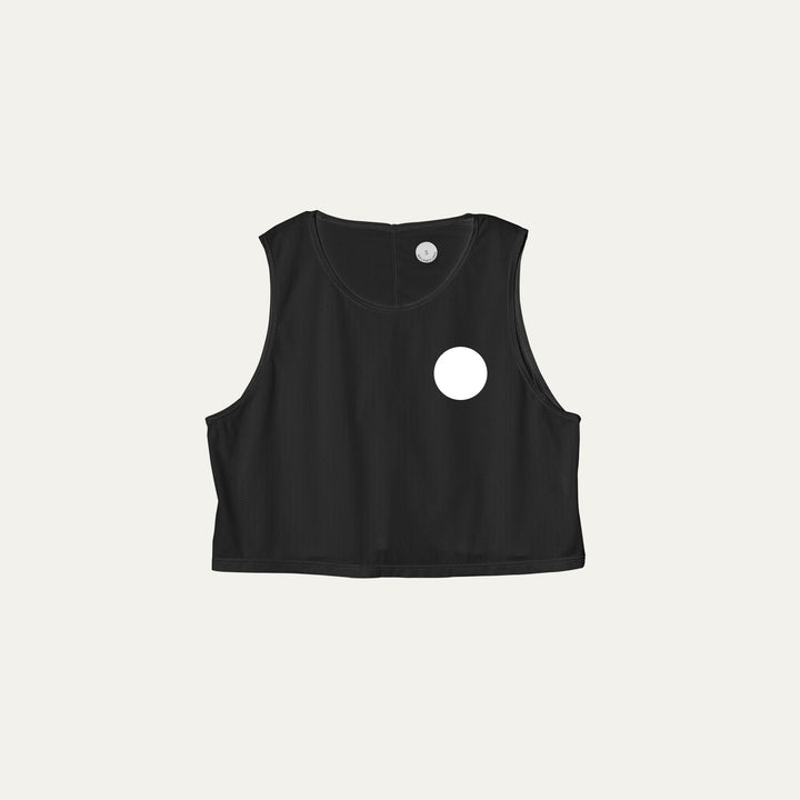 Participation black crop singlet, breathable mesh, white circle logo on chest.