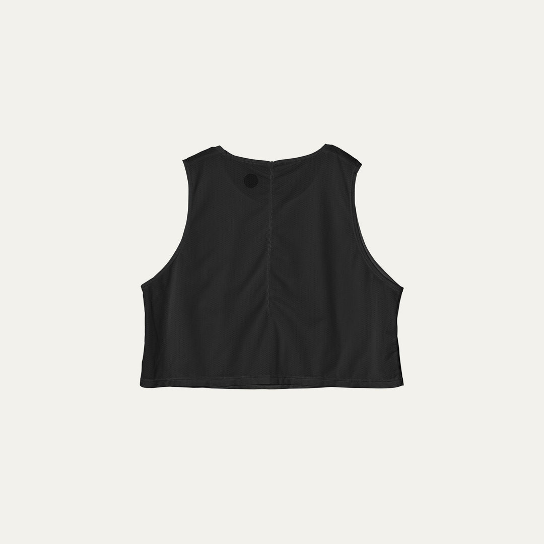 Participation black crop singlet, breathable mesh, white circle logo on chest.