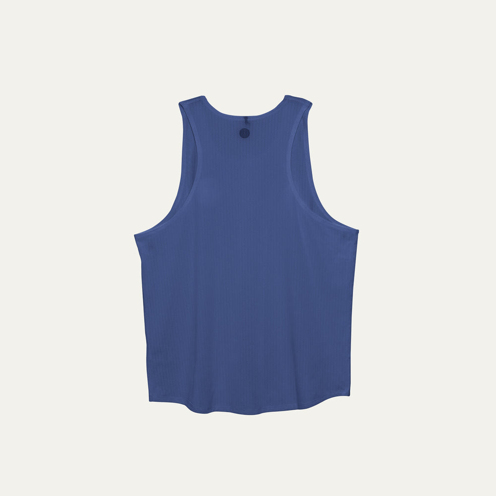 Blue running singlet from Participation, lightweight polyester construction designed for everyday training, photographed in a neutral studio setting.