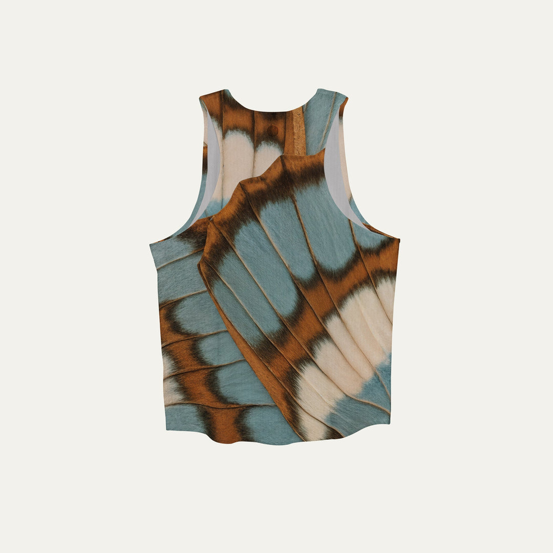 Participation butterfly singlet, breathable mesh, teal–tan wing print, white circle logo on chest.