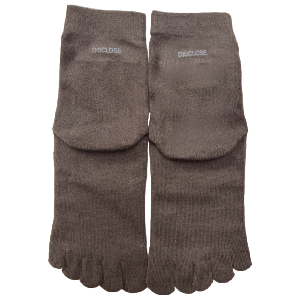 Brown DISCLOSE 004 LSD Peace Toe Crew Socks Merino, five-toe running socks with merino wool for natural comfort and better moisture control