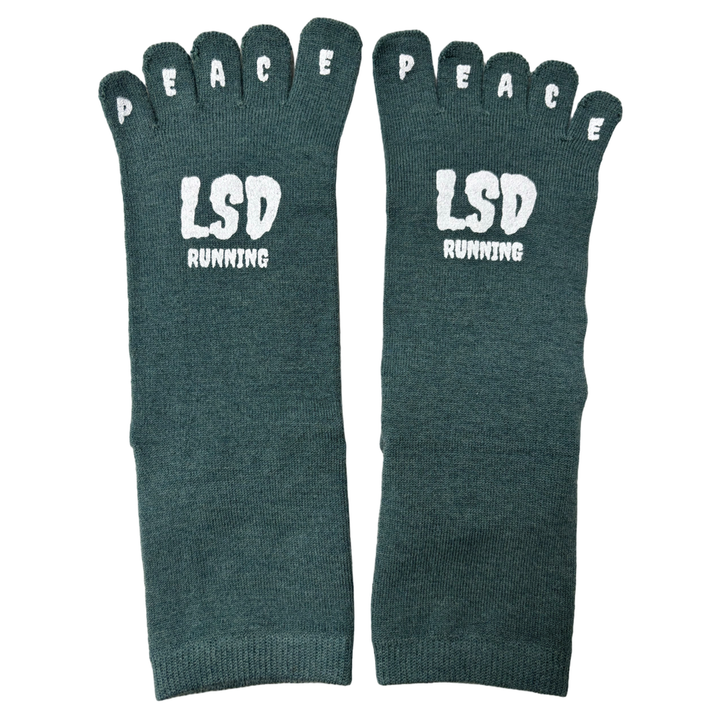 Dusty Teal DISCLOSE 004 LSD Peace Toe Crew Socks, five-toe merino running socks for comfort, freedom, and moisture management