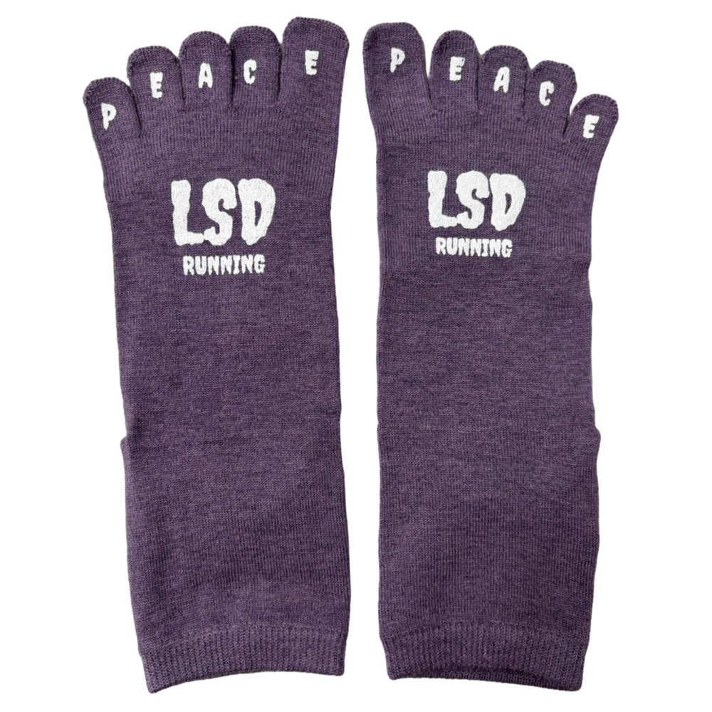 Muted Plum DISCLOSE 004 LSD Peace Toe Crew Socks, five-toe merino running socks for comfort, freedom, and moisture management