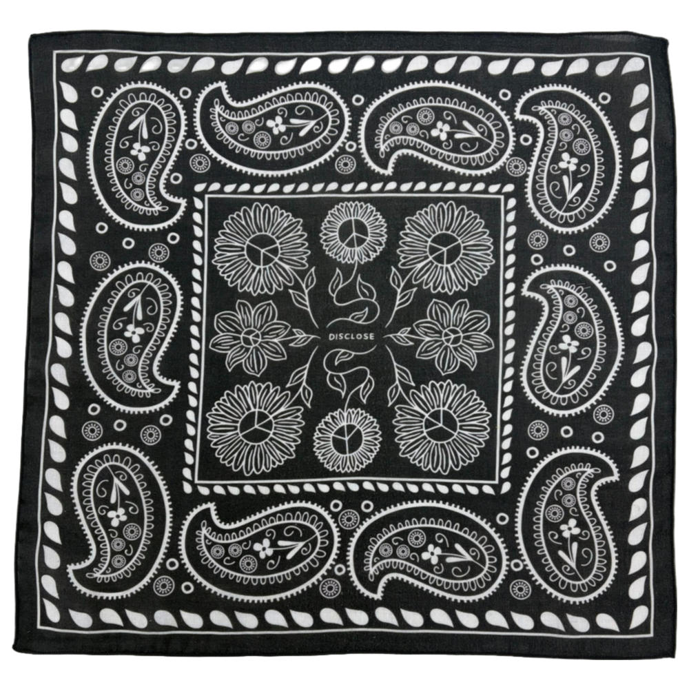 DISCLOSE 005 Inner Bloom Running Bandana in Pure Black, breathable cotton running bandana with original artwork by Denis Carrier