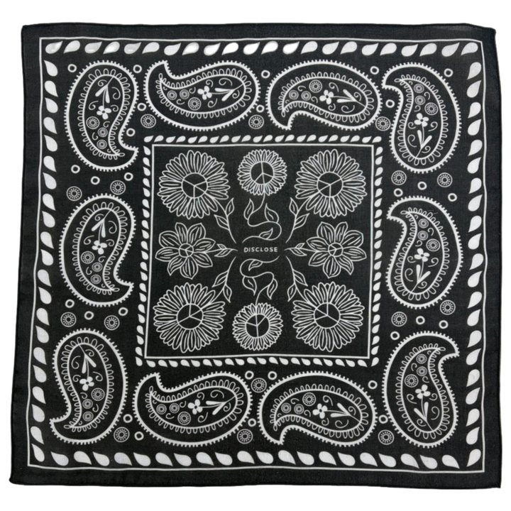 DISCLOSE 005 Inner Bloom Running Bandana in Pure Black, breathable cotton running bandana with original artwork by Denis Carrier