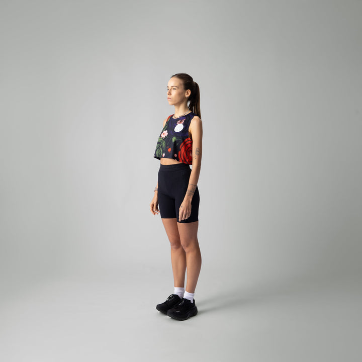 Front view of the Participation Embroidery Floral Crop Singlet, featuring a floral design and breathable fabric.