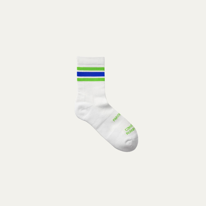 Participation Blue in Green running socks, breathable white mesh with blue-green cuff stripes, green foot branding.
