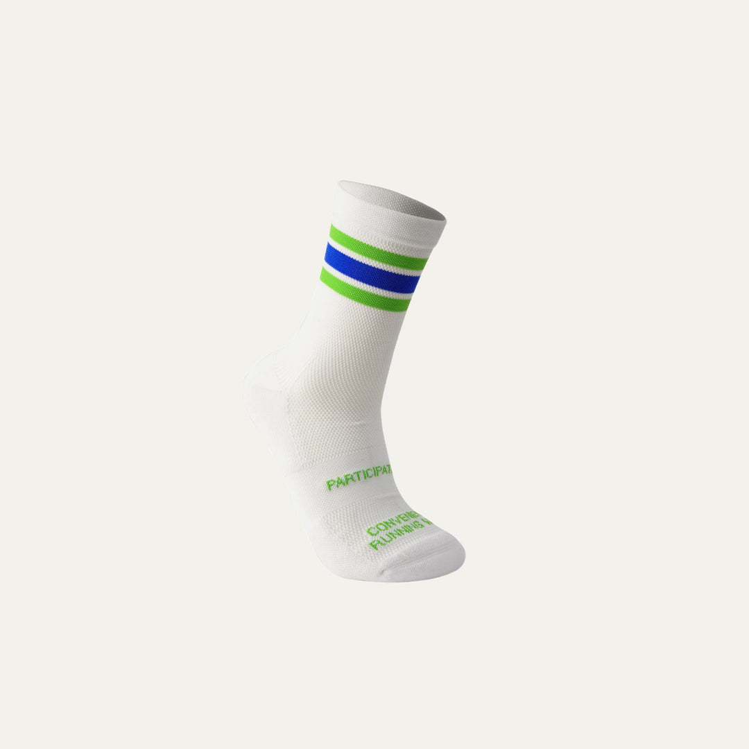 Participation Blue in Green running socks, breathable white mesh with blue-green cuff stripes, green foot branding.
