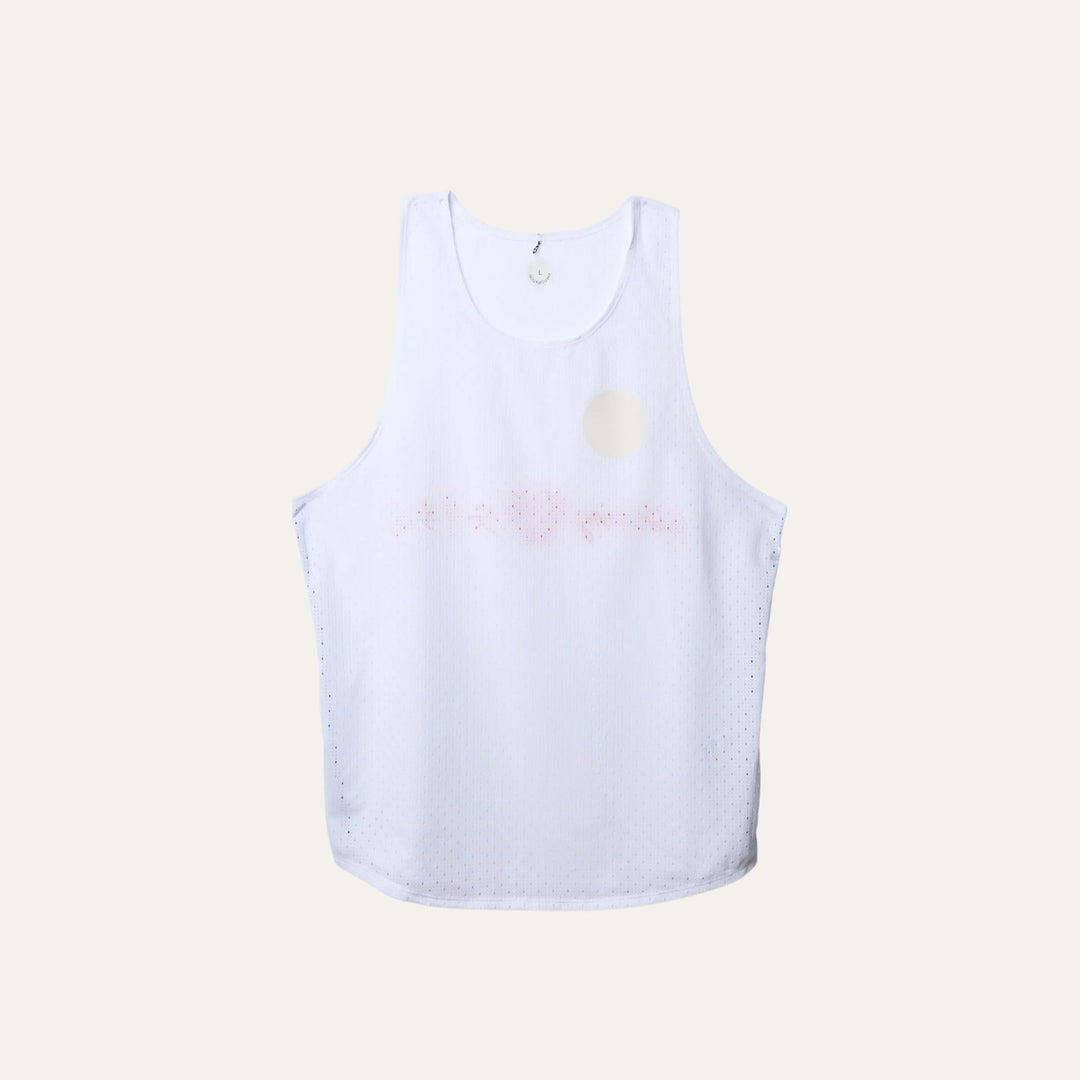 White running singlet from Participation with Good Running graphic, lightweight breathable construction and clean functional design, photographed in a neutral studio setting.